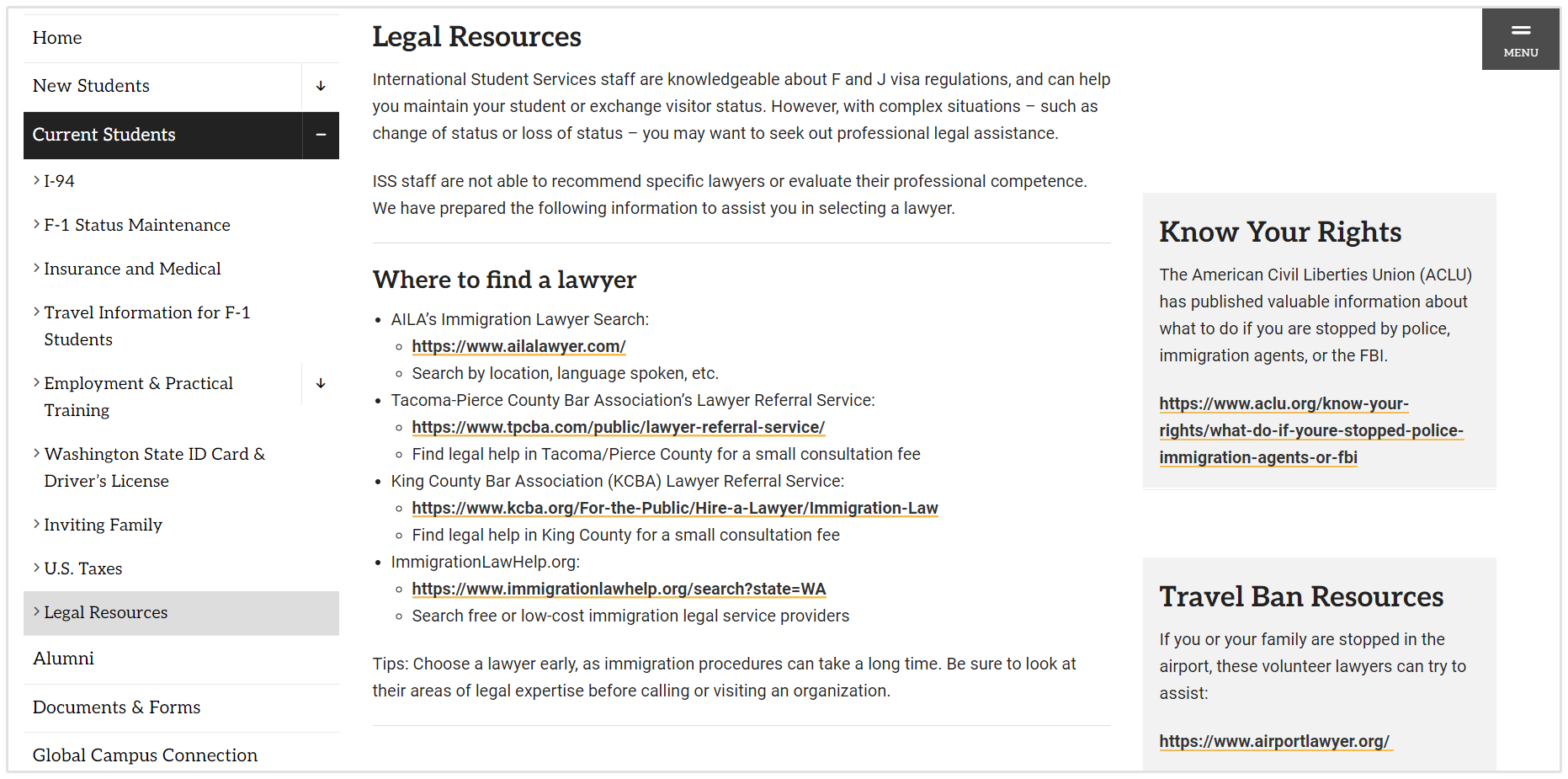 Página de Recursos Jurídicos da Pacific Lutheran University